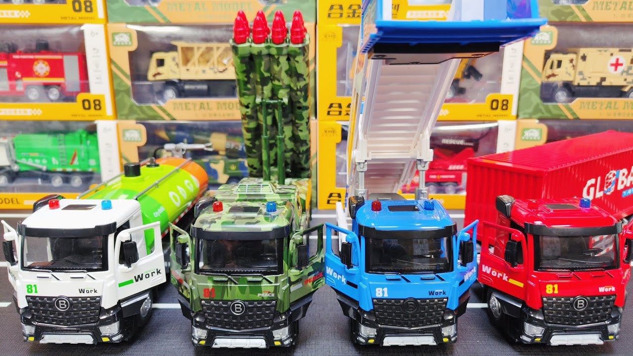 Diecast Trucks Of Sprinkler Tank Truck, Military Truck, Passenger Stair Truck, Container Truck