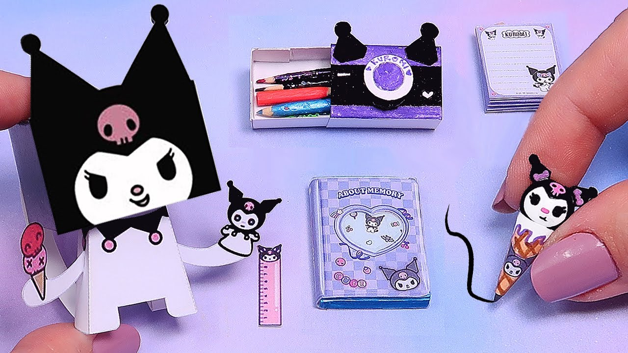 ♥ Tutorial: Útiles Escolares en Miniatura de #KUROMI hechos con PAPEL #papercrafts ♥