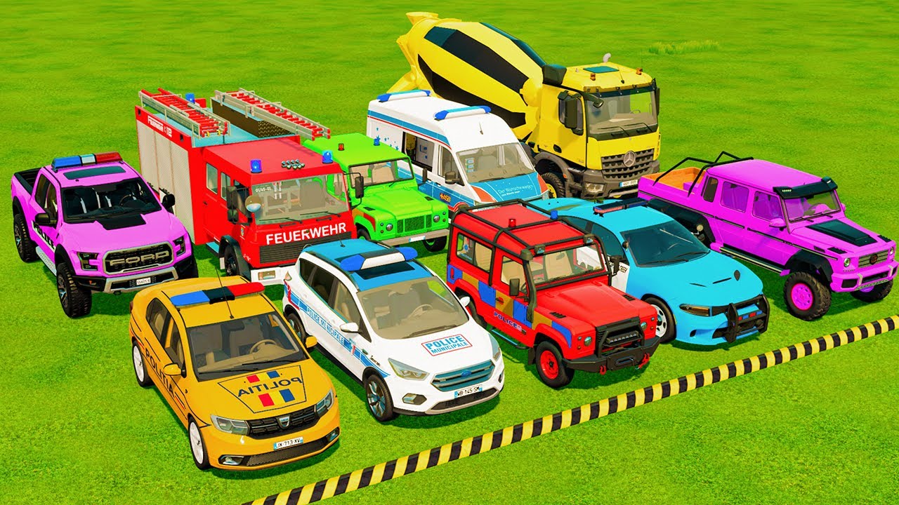 TRANSPORTING POLICE CARS, AMBULANCE, FIRE TRUCK, COLORFUL CARS WITH TRUCK -FARMING SIMULATOR 22!