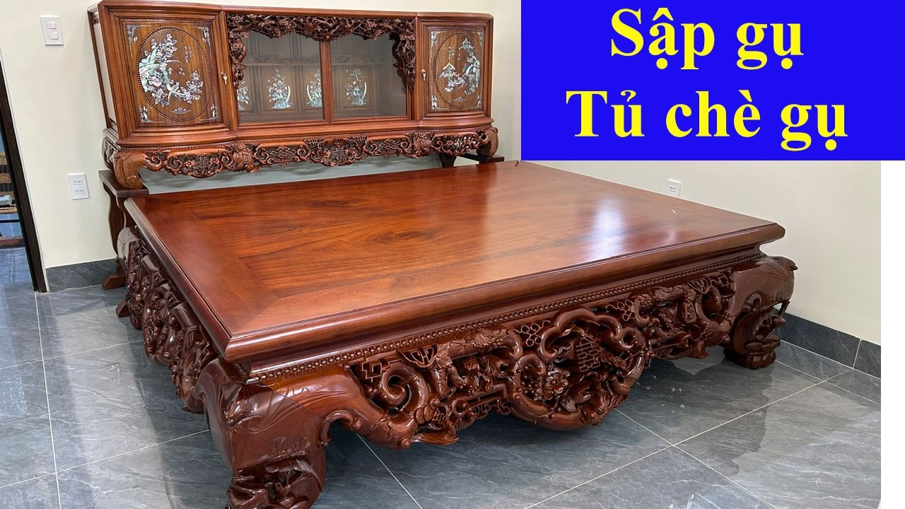 Bộ sập gụ đục ngũ phúc kim tiền kết hợp tủ chè gỗ gụ cánh cong đục ngũ phúc 
