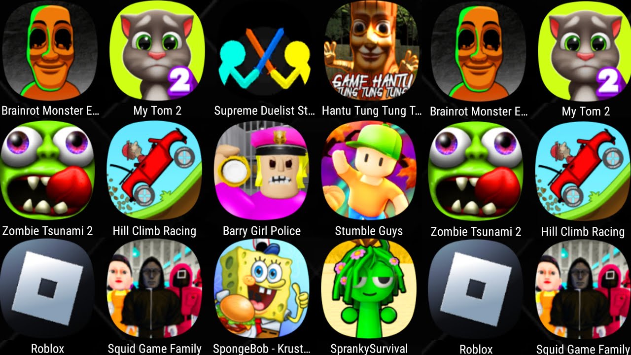 Spranky Survival,Roblox,Brainrot Monster Escape,Zombie Tsunami,Squid Game Family,My Tom,Stumble Guys