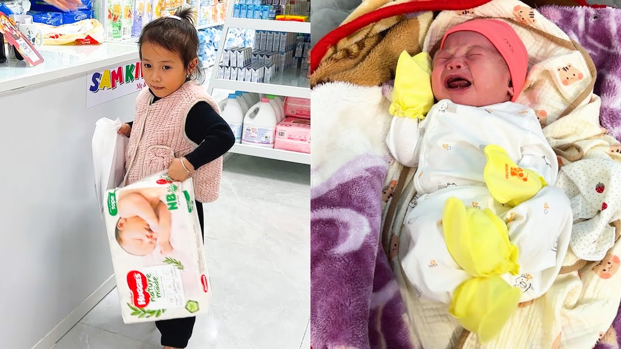 Diem help mom go to the supermarket to buy diapers for Banh Bao