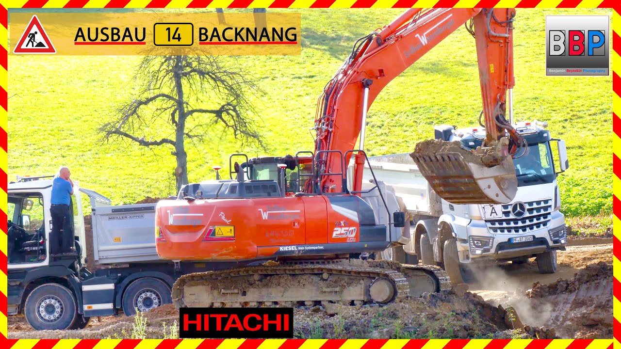 HITACHI ZX250-7 & MAN, Mercedes, Renault, Scania Kipper -  Ausbau B14 Backnang, 2025. Teil 3