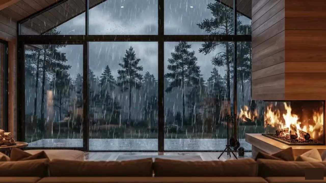 🌧️🔥 Rain and Fireplace Sounds for Sleeping – Cozy Cabin Glass House 🌲
