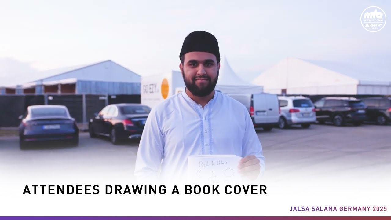 Attendees drawing a book cover for Jalsa Salana Germany 2025