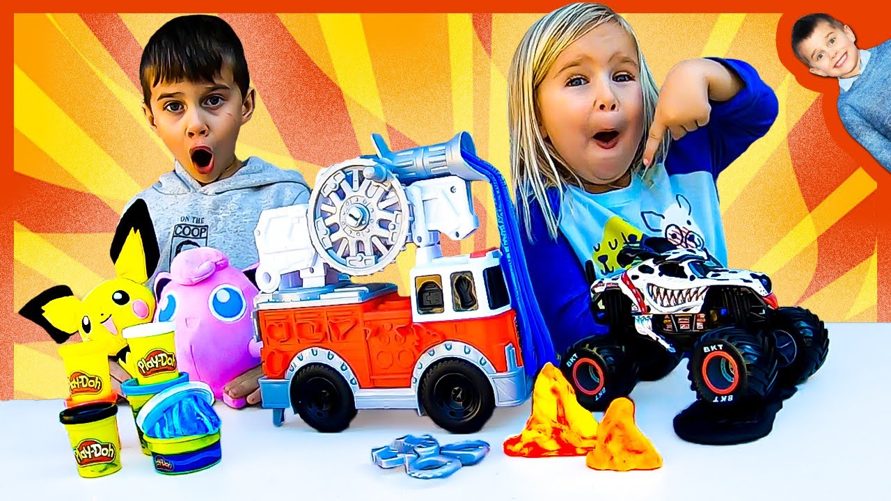 Play-Doh Wheels Fire Truck and Monster Truck Rescue Pokemon from Fire