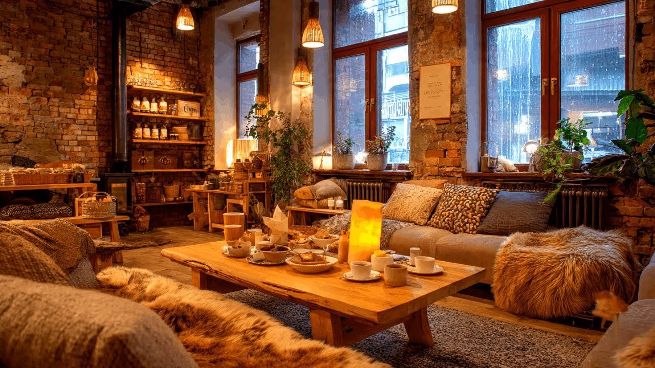 Uplifting Jazz Instrumentals ☕ Warm Fireplace Café on a Winter Night 1