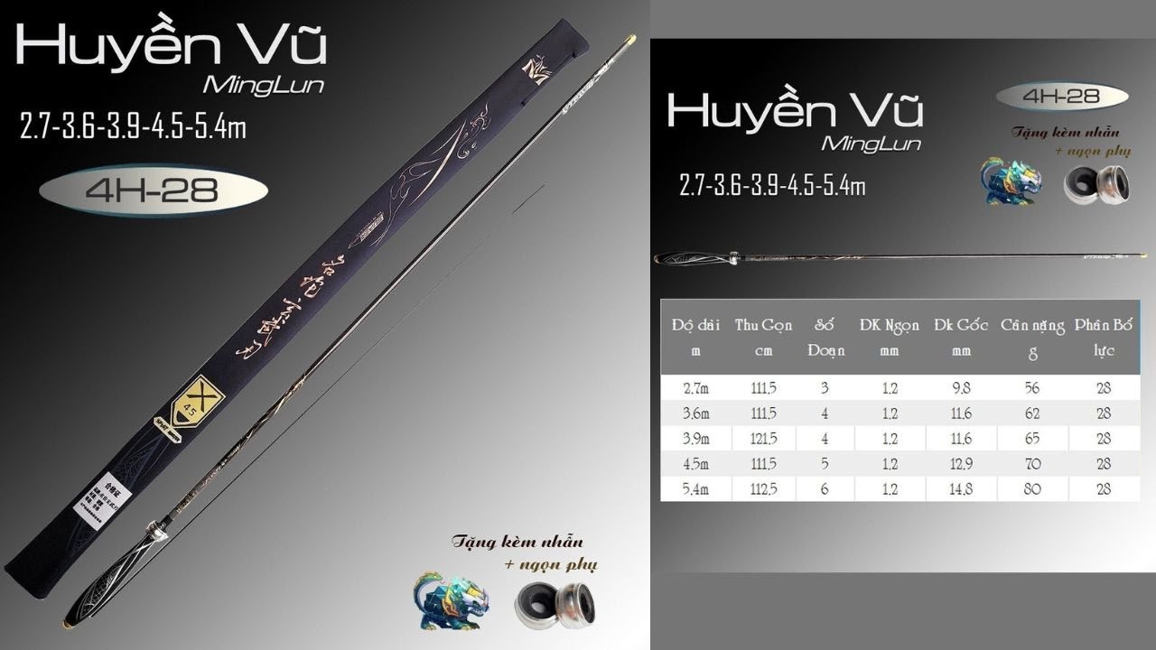 Cần câu đài Huyền Vũ 4H carbon Xpipal tặng kèm nhẫn và ngọn phụ túi đựng đẳng cấp