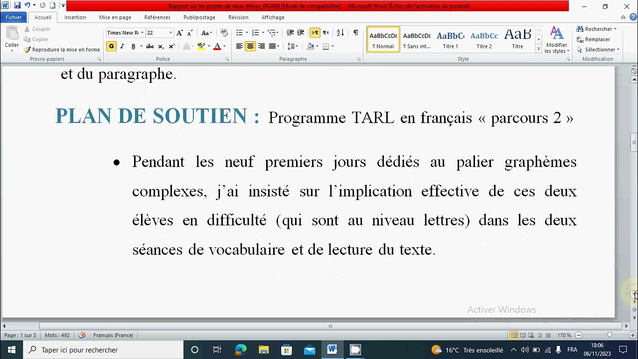 exemple du rapport sur le progrès de deux élèves(TarL )