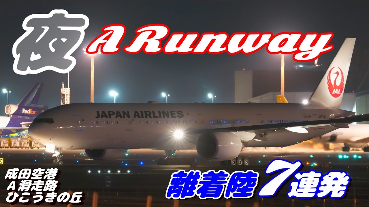 【4K】成田空港 ひこうきの丘 夜のＡランに離着陸する飛行機７連発