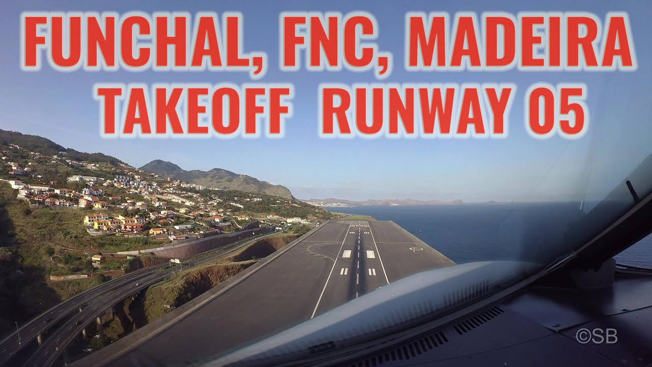 Funchal airport, Madeira, Portugal: Takeoff Runway 05, cockpit view, ATC, ATIS, 4k