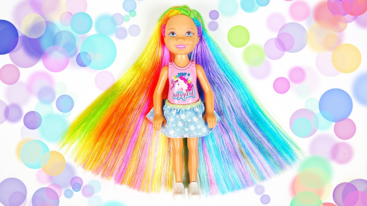 BARBIE DOLL HAIRSTYLE, UNICORN RAINBOW DIY CHELSEA HAIR MAKING