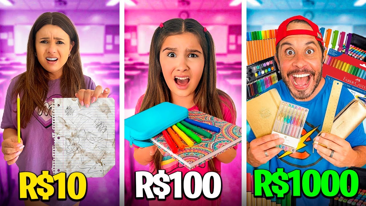 QUEM COMPRA O MELHOR MATERIAL ESCOLAR DE R$10, R$100 e R$1000 *desafio
