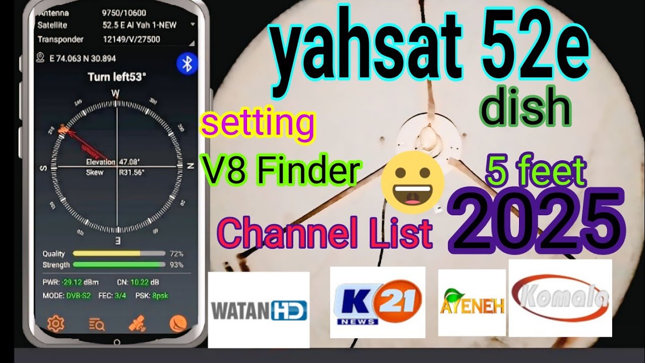 How to  yahsat 52e dish setting 5 feet V8 Finder  Channel List, watanHD 2025