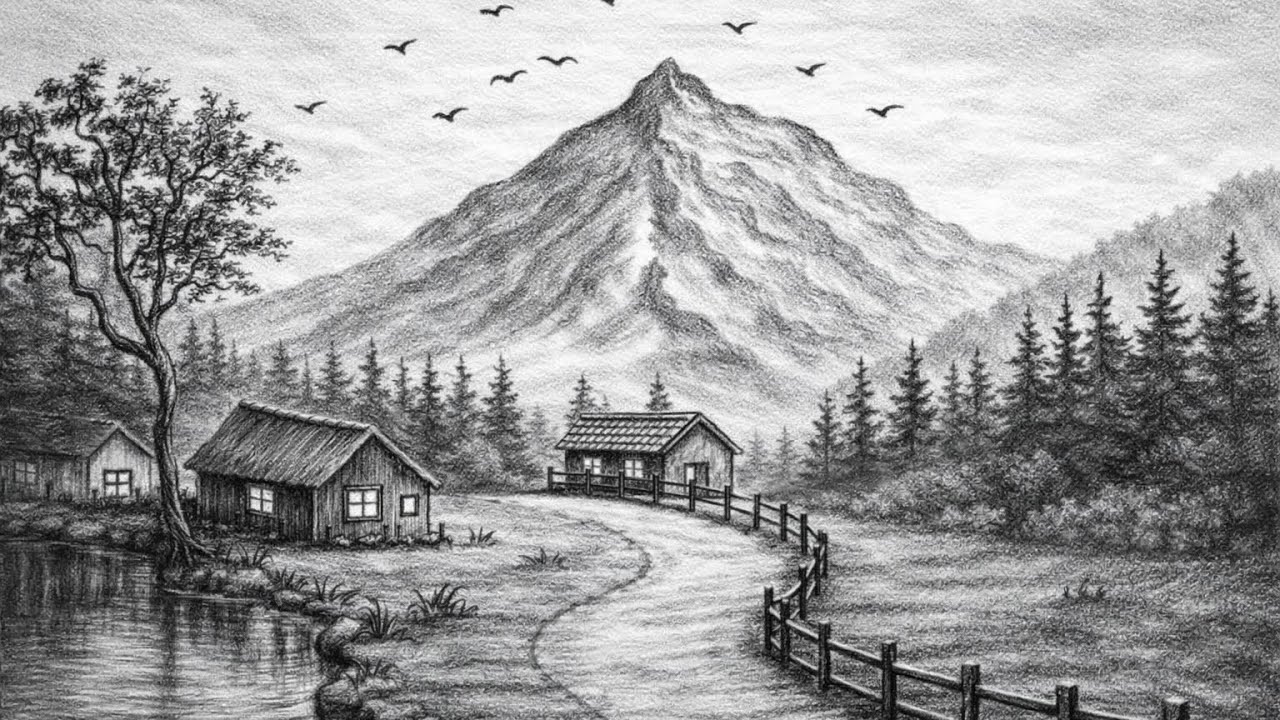 Beautiful Village Scenery Drawing | Pencil Sketch Landscape Tutorial Step by Step