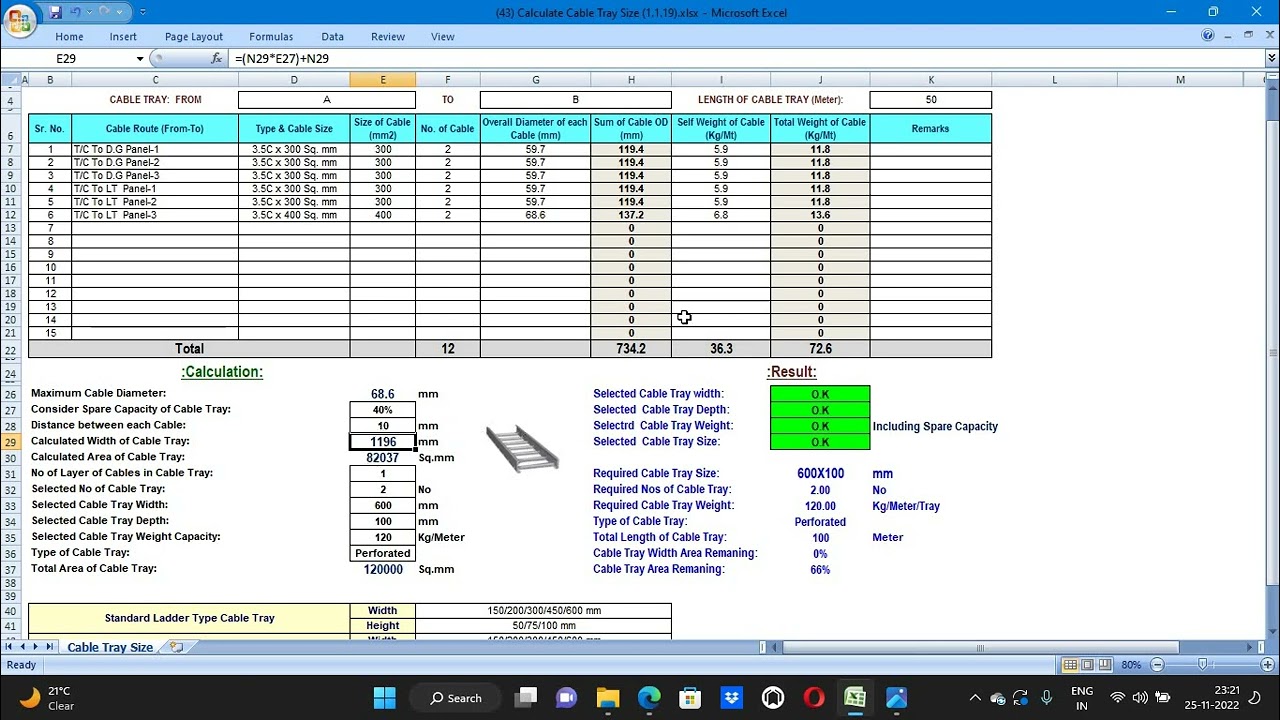 How to Calculate & Select Size of Cable Tray by using Microsoft Excel Tool in Hindi