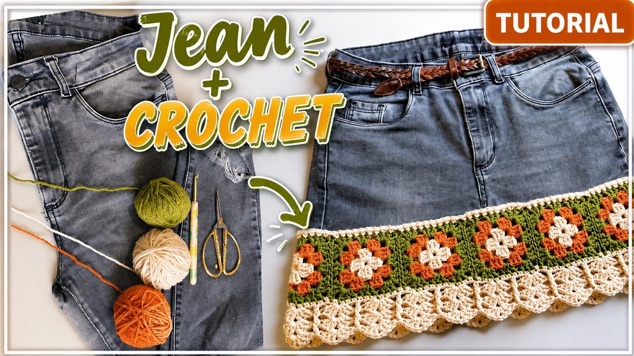 Переделайте старые джинсы и свяжите из них юбку крючком! 💯🧶🙌