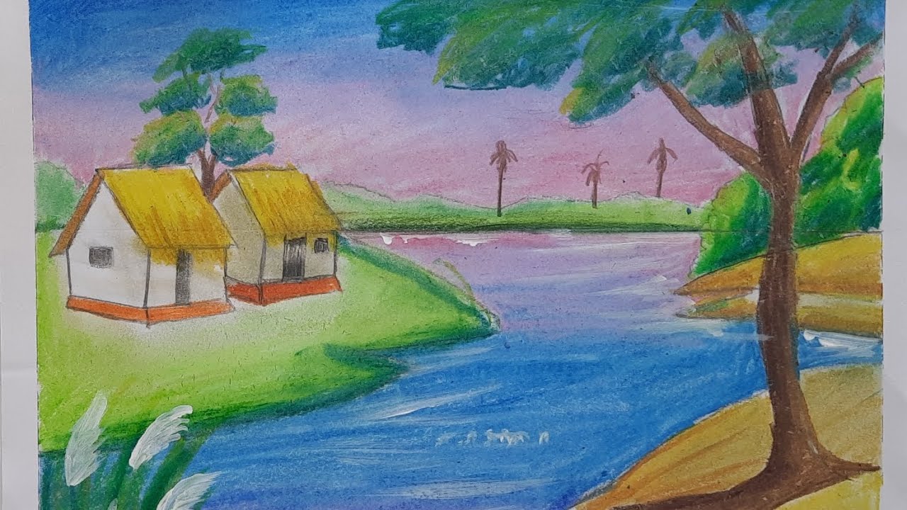 How To Draw Easy Scenery With Oil Pastel // Landscape Village Drawing  