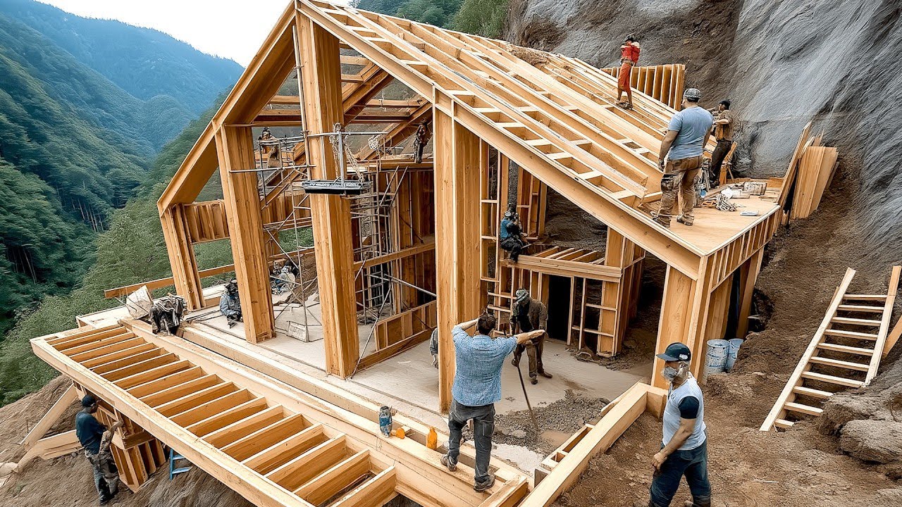 Ha costruito un'enorme villa in legno in montagna utilizzando solo falegnameria tradizionale
