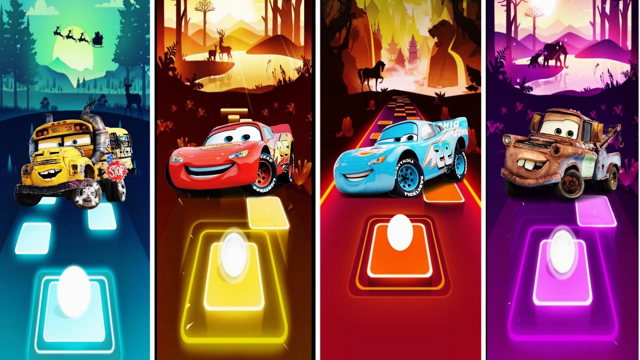 Extreme Speed Battle in Tiles Hop | McQueen 🆚 Miss Fritter vs Dinoco 🆚 Mater