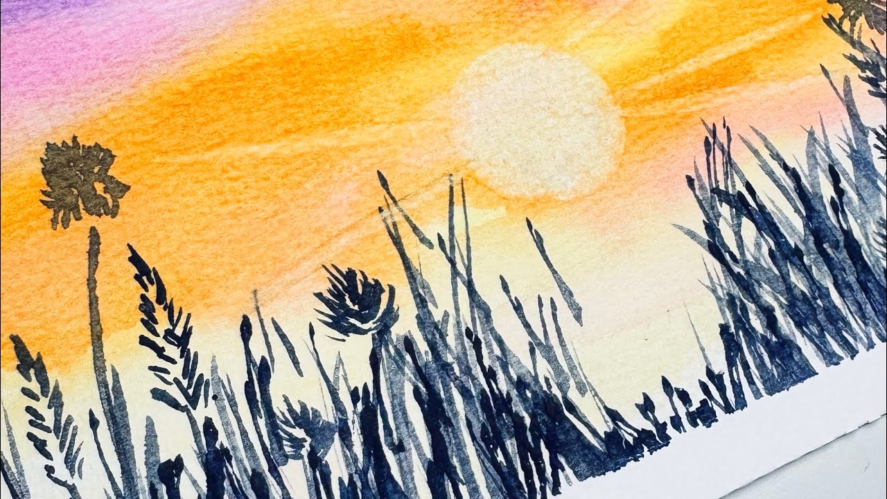 An easy watercolor Spring sunrise landscape for beginners, step by step!