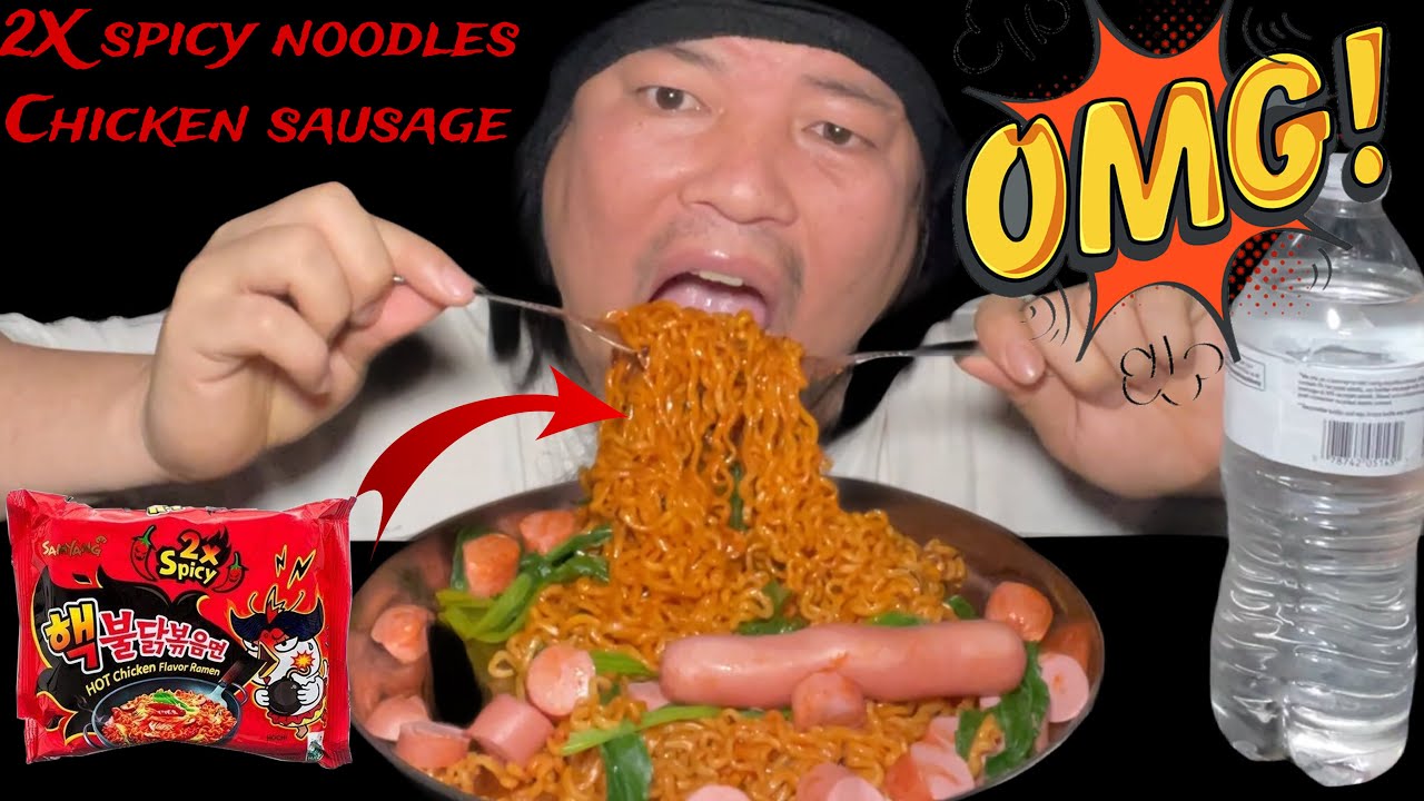 OMG…2X SPICY RAMEN NOODLES WITH CHICKEN SAUSAGES #kabirmukbangvideo #mukbang #spicy 