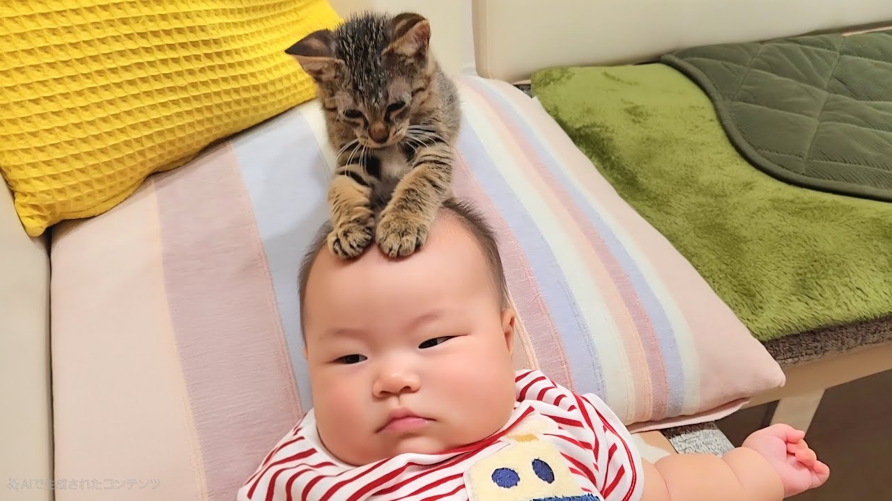 赤ちゃんと子猫が仲良しすぎてこうなりました...。(笑)