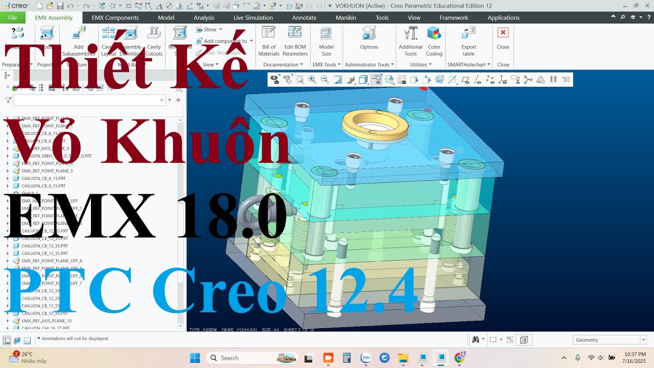 Thiết Kế Vỏ Khuôn EMX 18.0 Với PTC Creo 12.4 | Thiết Kế Khuôn Mẫu | Mold Cavity | PTC Creo 12.0
