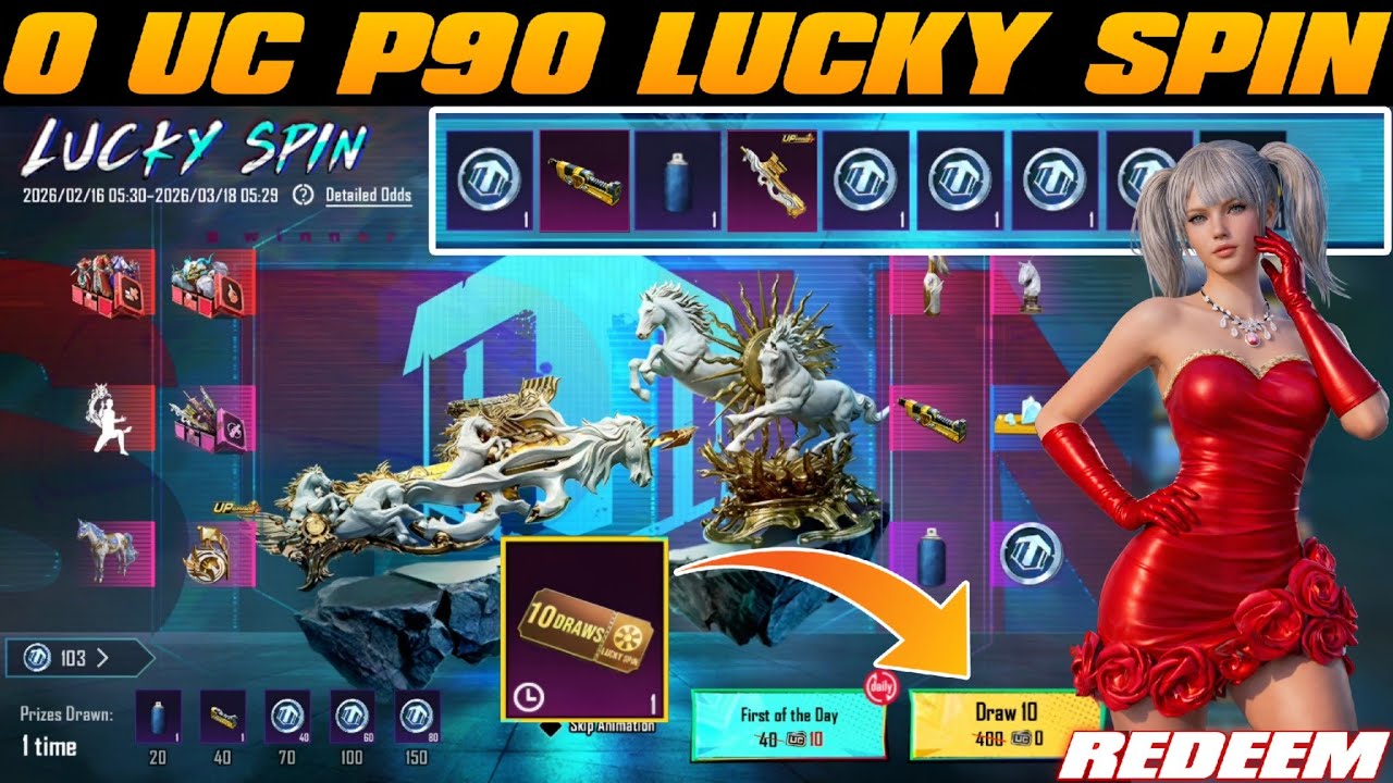 😱0 UC GOLDEN PEGASUS P90 LUCKY SPIN TRICK 🔥 ROSY EVENING DRESS REDEEM | 10 Draw Voucher Use Bgmi