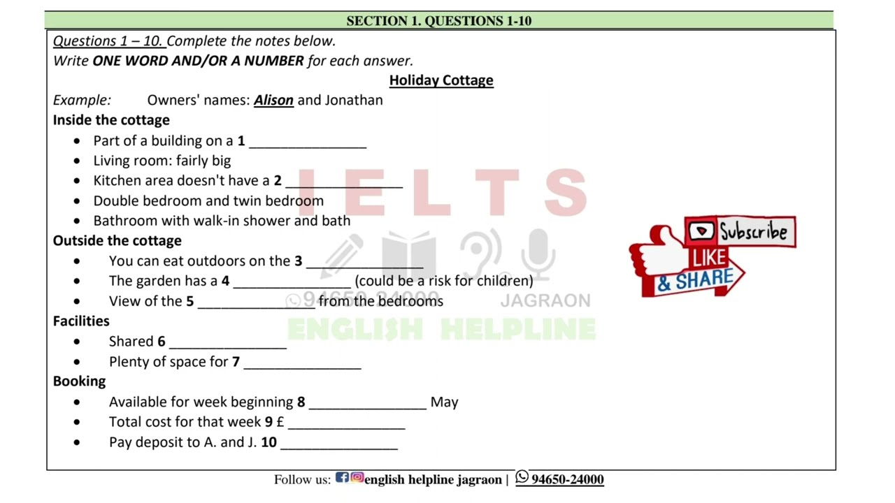 #listening 7U2L  Holiday cottage owner's name Alison and Jonathan #ielts #ehjagraon