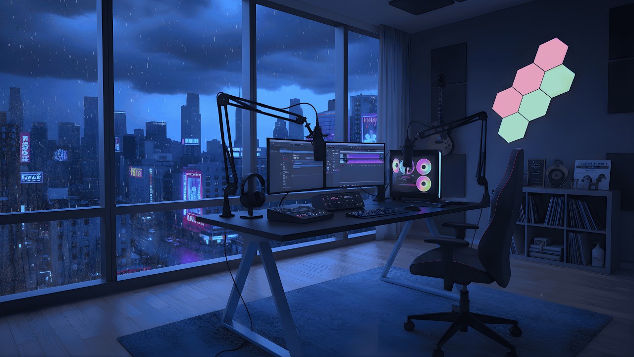 Working on Sound After Midnight 🌧️ Rainy Skyline Workspace | Lofi Chill Mix