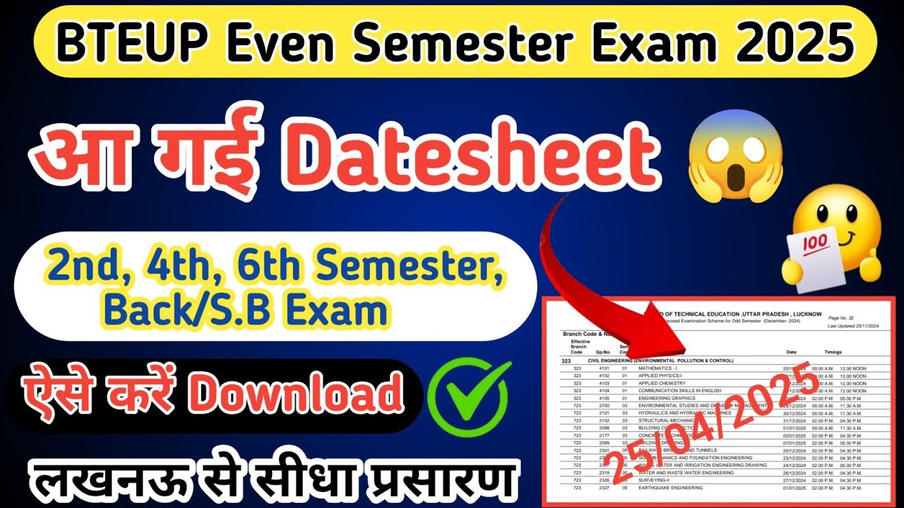 Bteup Even Semester Exam 2025 Datesheet Out 😱| Polytechnic Exam Datesheet 2025@ENGINEERING_TIP