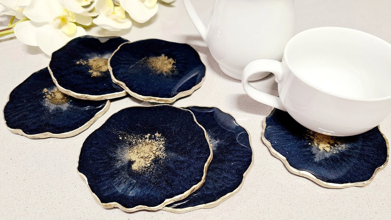 #905 Navy Blue And Gold Geode Resin Coasters Made In My Home Made Silicone Mold