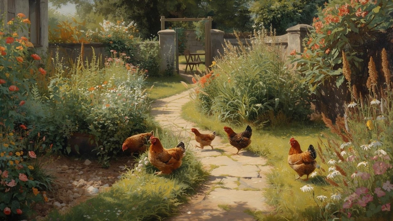 English Country Garden with Chickens Vintage Painting | Frame TV Art Display | 2-Hour Screensaver