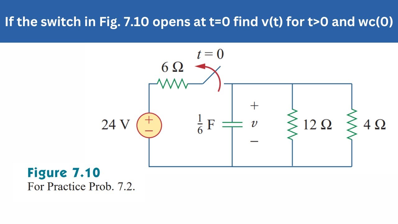Practice Prob 7.2 | If the switch in Fig 7.10 opens at t=0 find v(t) & wc(0) | FEC 4th Edition