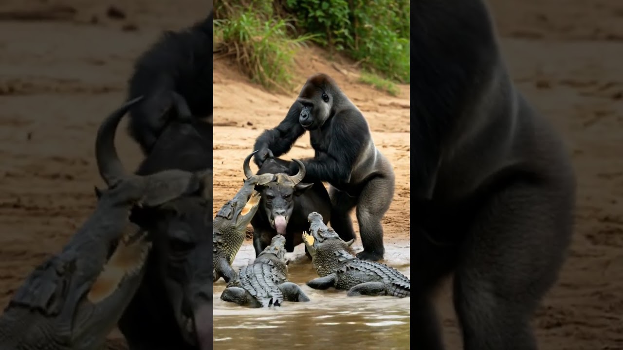 amazing gorilla rescue buffalo from many crocodile at riverbank #animallife #gorila #life#animallife