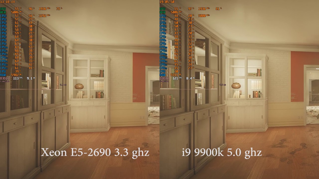 Xeon E5-2690 vs i9 9900k(1080p) R6 Siege [1920 x 1080]  (ECC Registered DDR3 vs Unbuffered DDR4)