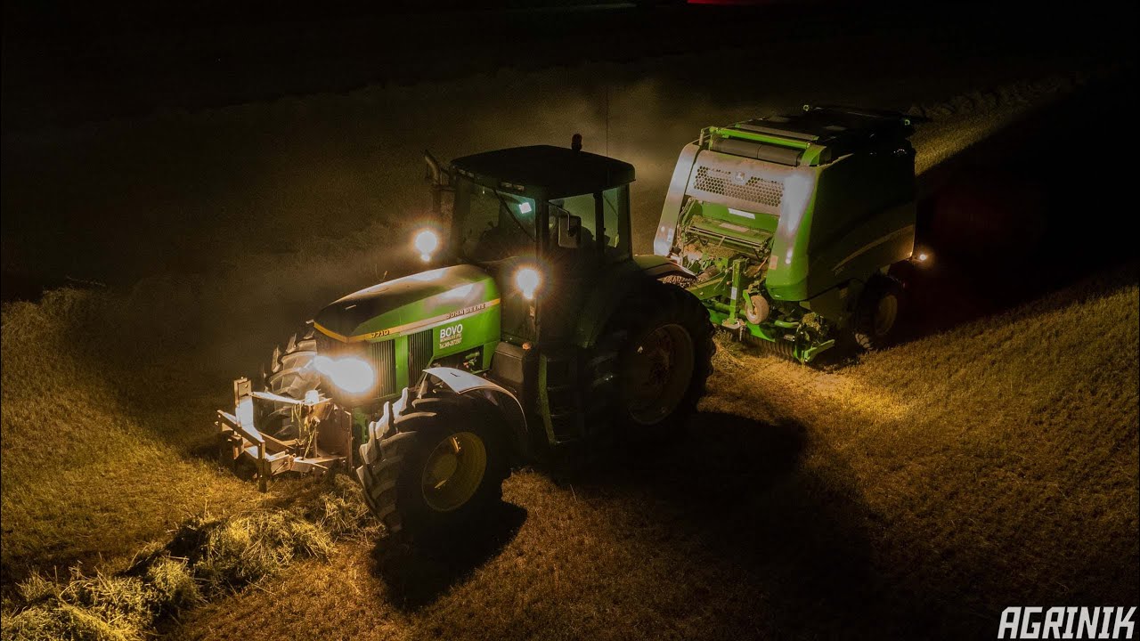 Pressatura Erba Medica in Notturna con John Deere 7710 + John Deere 990 | Bovo