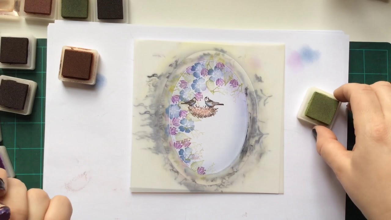 Stamping and embossing with Card-io Majestix Forest Flora, Down at the Den and Framed oval stencil