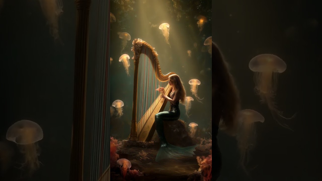 Mermaid Playing Harp Underwater