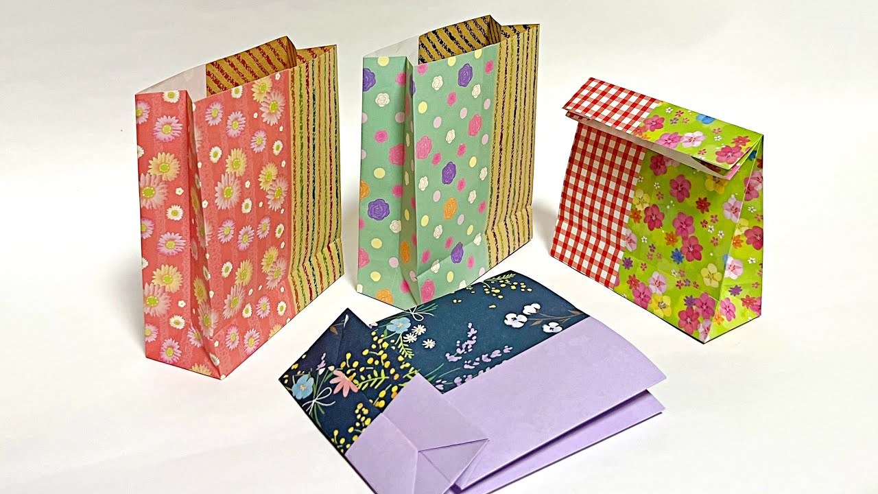 折り紙２枚でマチ付きの紙袋の折り方　簡単で可愛いギフトバック／ つつみとむすび