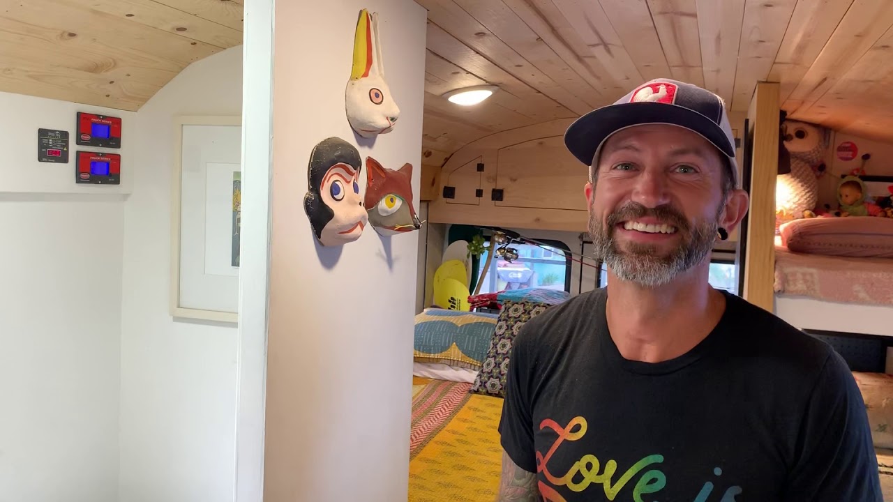 Amazing School bus conversion tour and interview.  Full time schoolie life