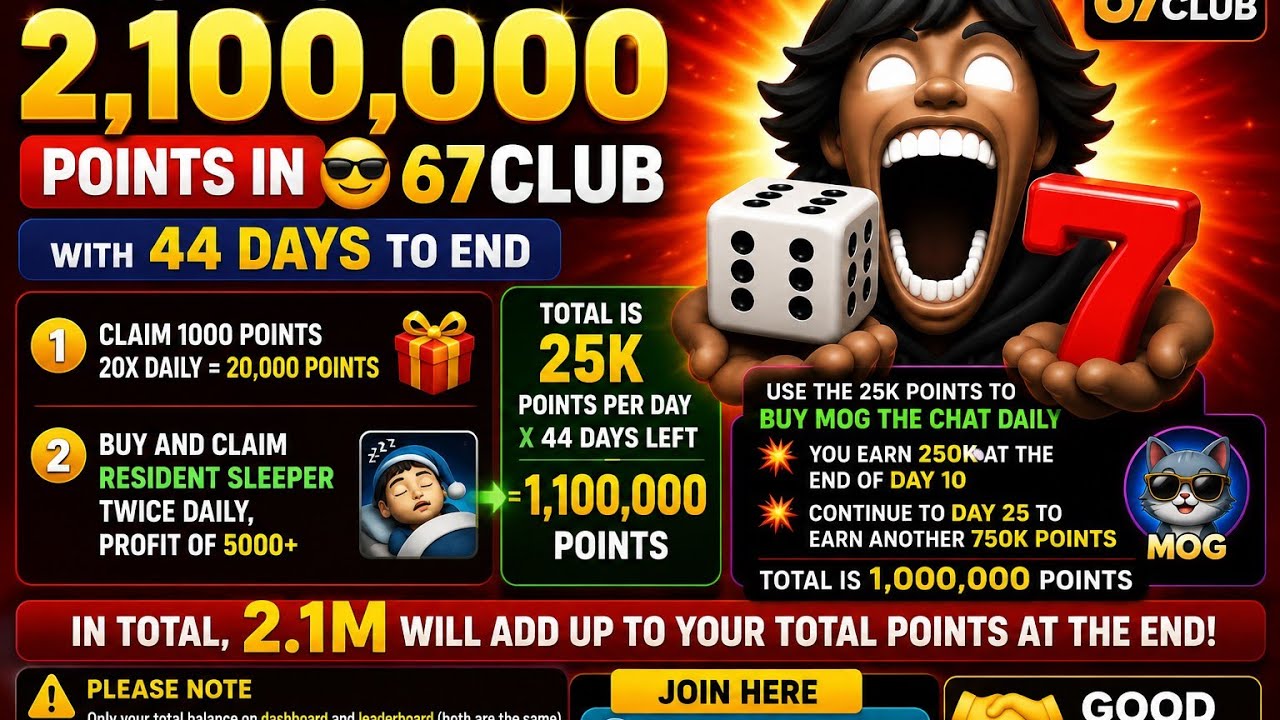 📢 How to Earn 2,100,000 Points on 😎 SIX SEVEN CLUB (67CLUB)🎲 