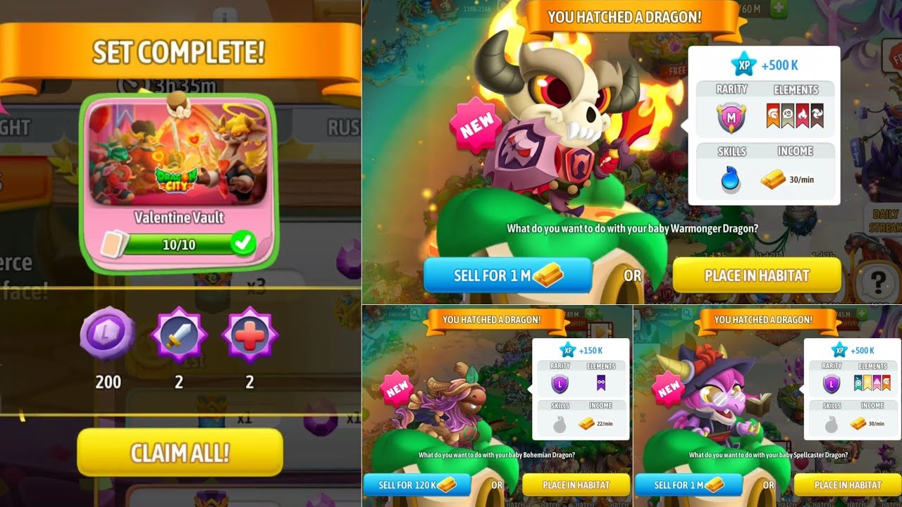 #924. Dragon city | Hatched a new Warmonger mythical Vip dragon | Completed a new sticker album set.