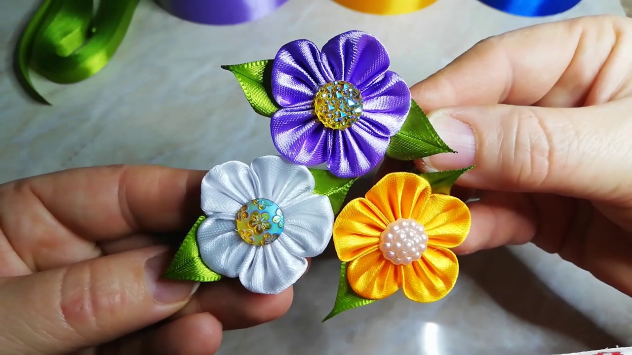 Зажимы для волос из цветов канзаши DIY / Учебное пособие по атласной ленте - 02