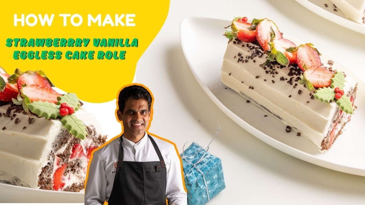 Eggless Bakery-Style Yule Log Cake | Chocolate Sponge & White Chocolate Mousse with Strawberry