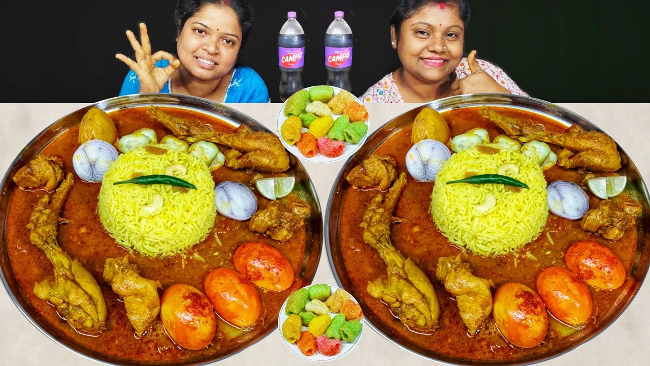 INDIAN FOOD SPICY CHICKEN CURRY EGG CURRY BASONTI PULAO PAPAD EATING CHALLENGE / food family & more 