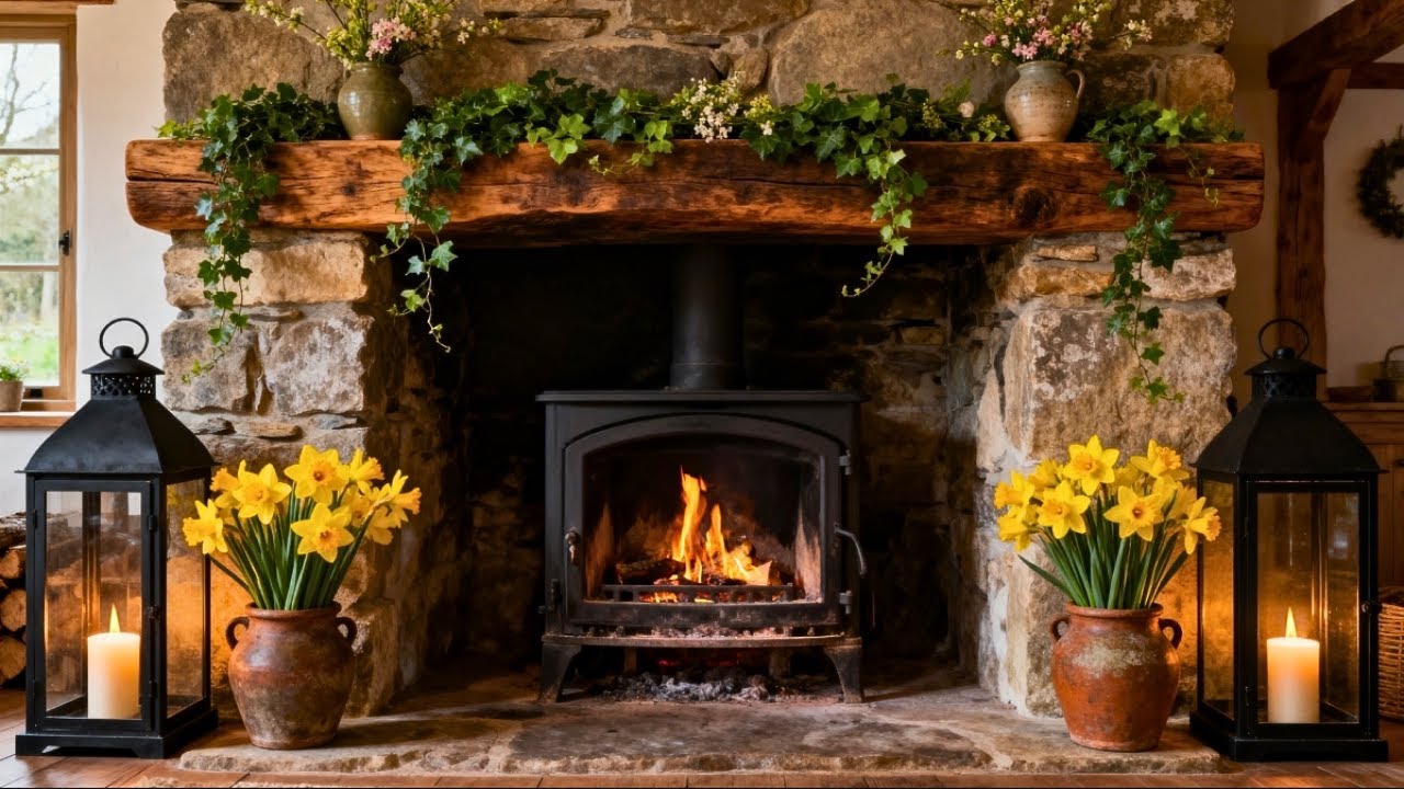 🌼 Cozy Spring Fireplace Crackling 24/7 | Sleep, Relax, Study