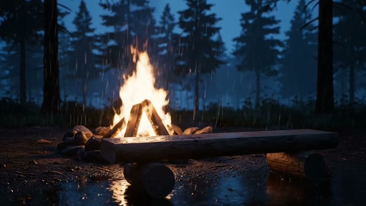ASMR Forest Rain and Campfire Sounds on a Wooden