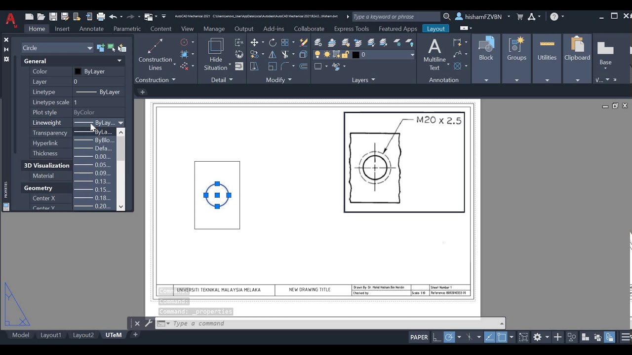 Drawing thread hole with leader label in AutoCAD MECHANICAL 2021